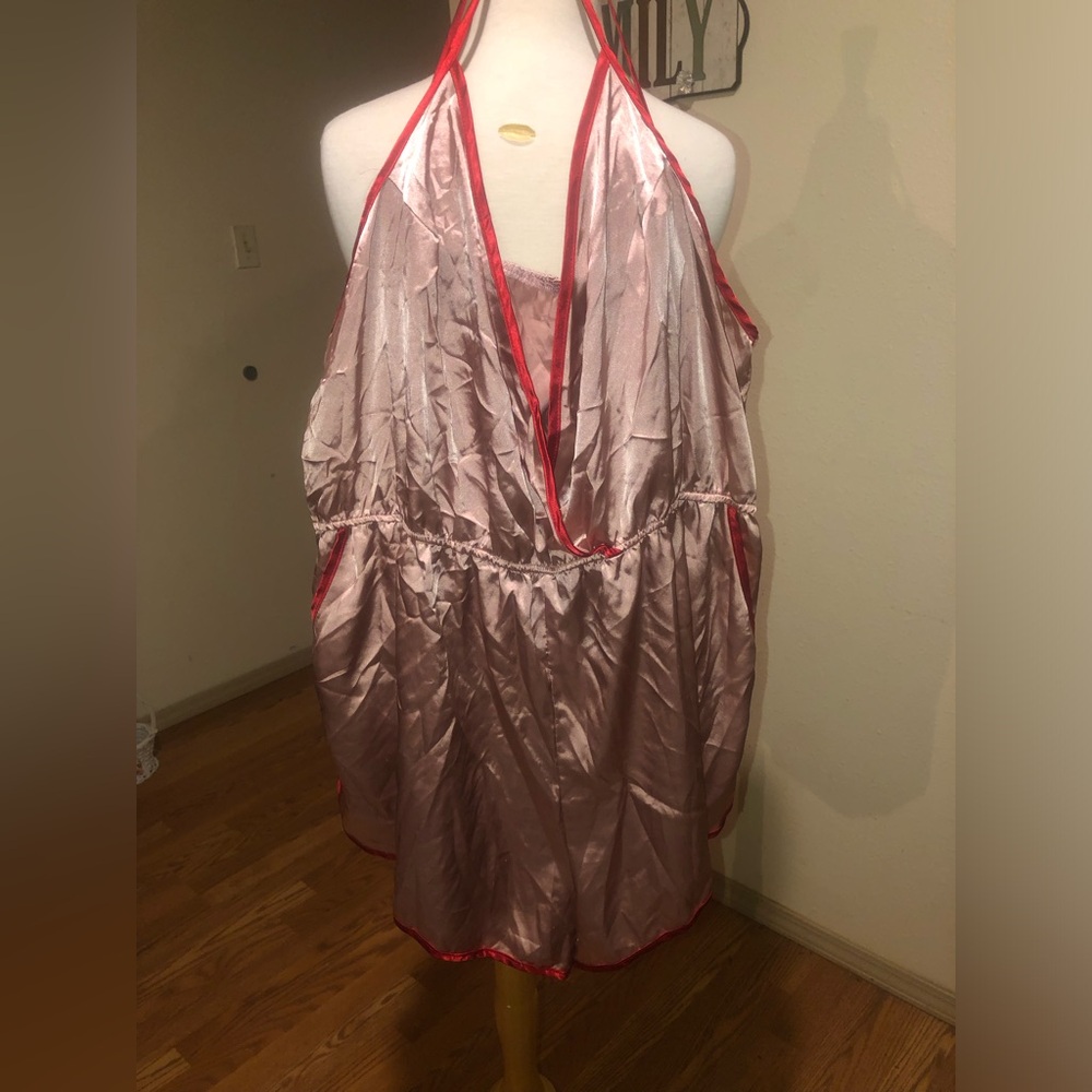 NWOT 5X No Brand Pink with Red Trim Silky Shorts Sleep Romper